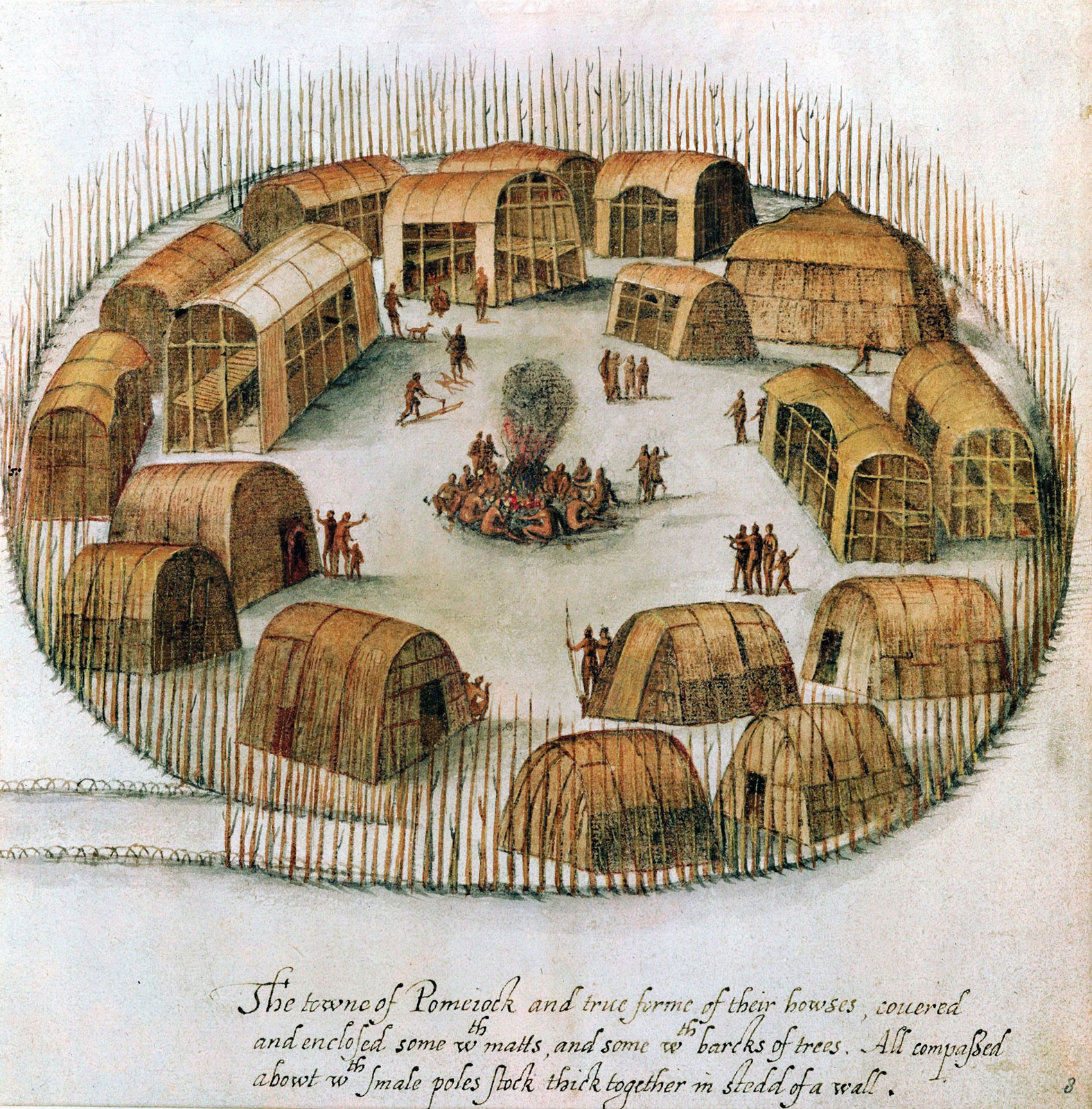 A 16th-century sketch of the Algonquian village of Pomeiock.