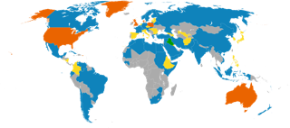 States For and Against Invasion of Iraq in 2003. Orange states participated in the invasion of Iraq; Yellow states supported an invasion; Blue states opposed an invasion; Grey states took no official position.