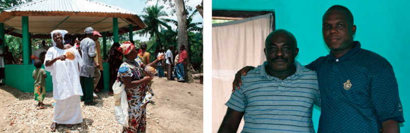 Left: Celebrating the dedication of the Peace Hut in Telowoyan Village. Right: Bethelson and Greene embrace after their reconciliation