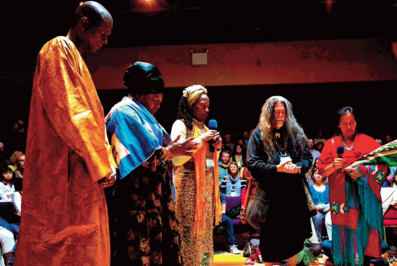 Indigenous elders from around the world open the four directions. From left to right: Ousmane Pame (Senegal), Visolela Rosa Namises (Namibia), Karumbu Ringera (Keyna), Kalani Souza (Hawaii), Pat McCabe (Diné tribe USA) | photography | Hege Sæbjørnsen