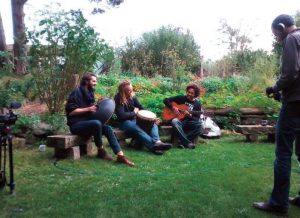 Andreas Hernandez captures video of original music in the Sacred Garden at Findhorn with Matt Bailie on Handpan, Nick Joyce on Drum and Jonathan Santos on Guitar. | photography Dot Maver