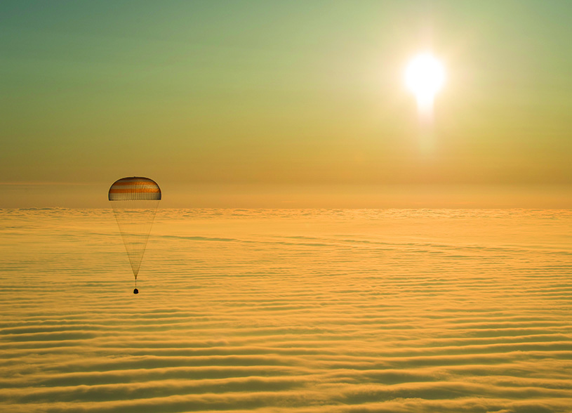 After six months in the International Space Station, members of Expedition 41 and 42 return to Earth by parachute in Kazakhstan.