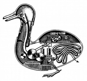 An automaton of a duck created by Jacques de Vaucanson in 1783 inspired by the mechanical philosophy. Descartes and his followers believed that animals functioned only as unconscious machines and lacked the ability to feel pain.