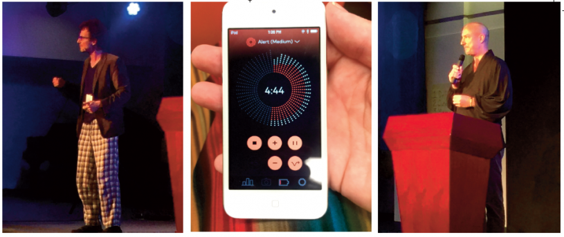 Tech investor Luke Nosek of Founders Fund(left) and Zen priest Robert Thomas of the San Francisco Zen Center (right) speaking at the Transformative Technology Conference. Visual dashboard on an iPhone of a Thync brain stimulator (center).